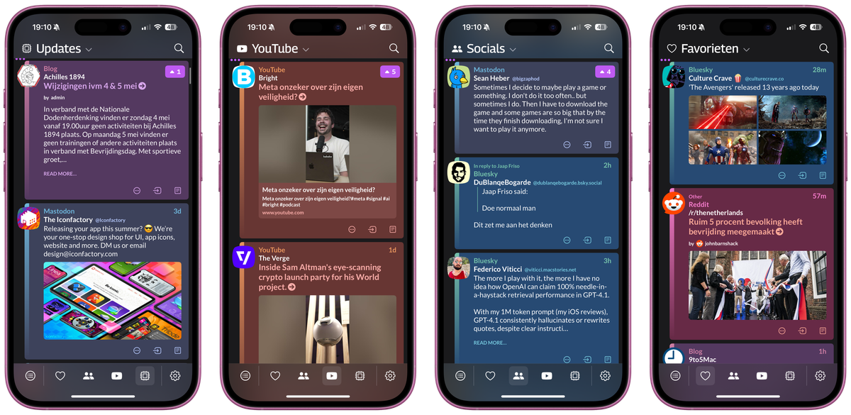 Vier screenshots van verschillende schermen in Tapestry