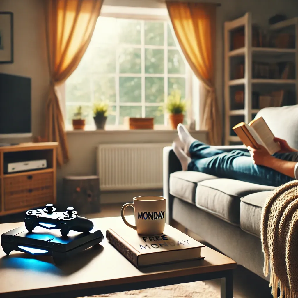 Een woonkamer, een koffiemok, een man die een boek leest en een dag vrij is.