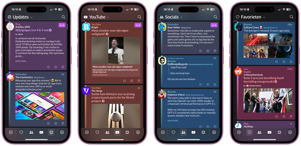 Vier screenshots van verschillende schermen in Tapestry